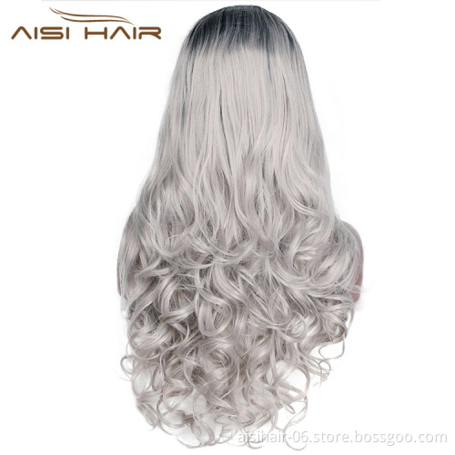 Aisi Hair Cheap Synthetic Ombre Gray Dark Root Wig Long Wavy Lace Frontal Wig Body Wave Party Lace Front Hair Wigs For Women